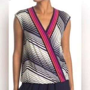Trina Turk Top Blue White Stripe Pink Orange Trim Signature Logo Tank Shirt
